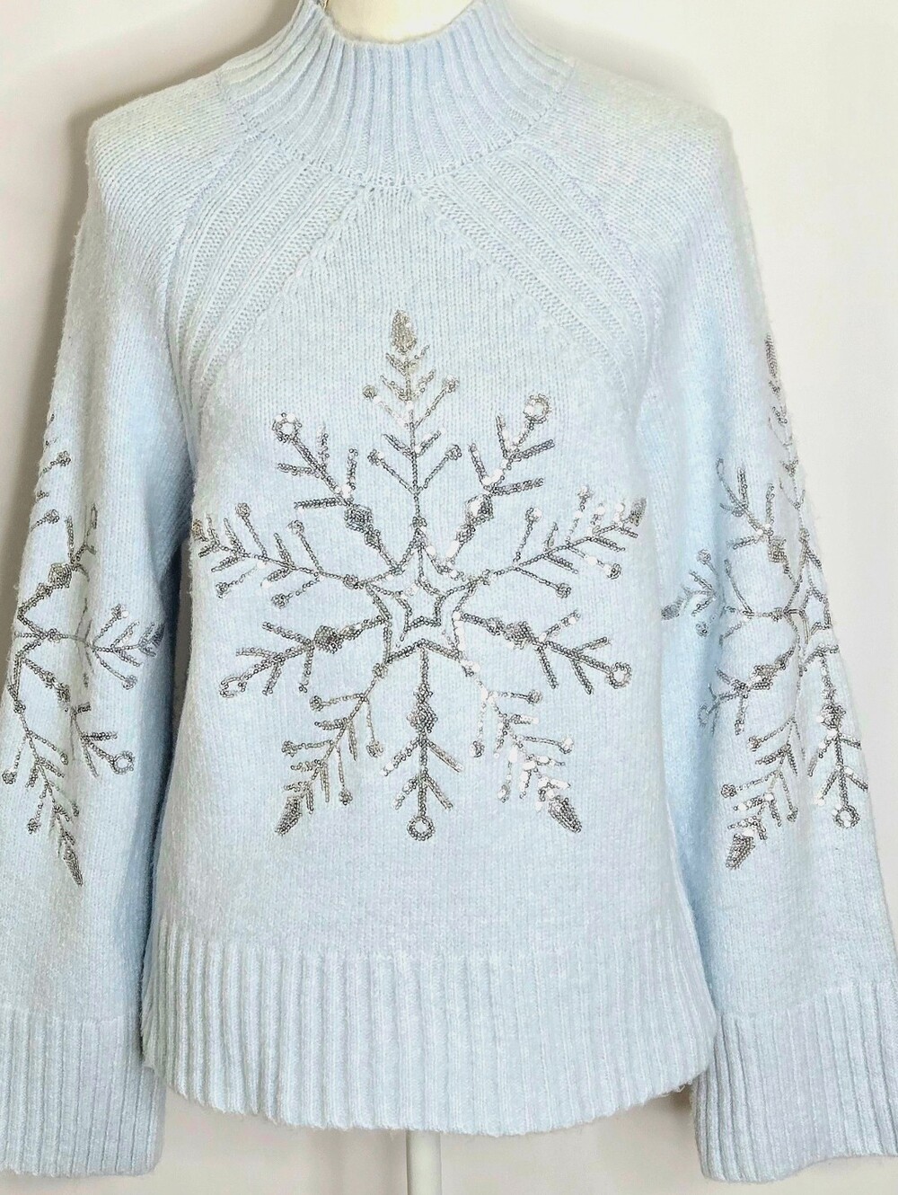 Cupcakes and Cashmere Icy Blue Silver Sequin Snowflake Mock Neck Sweater NWOT M